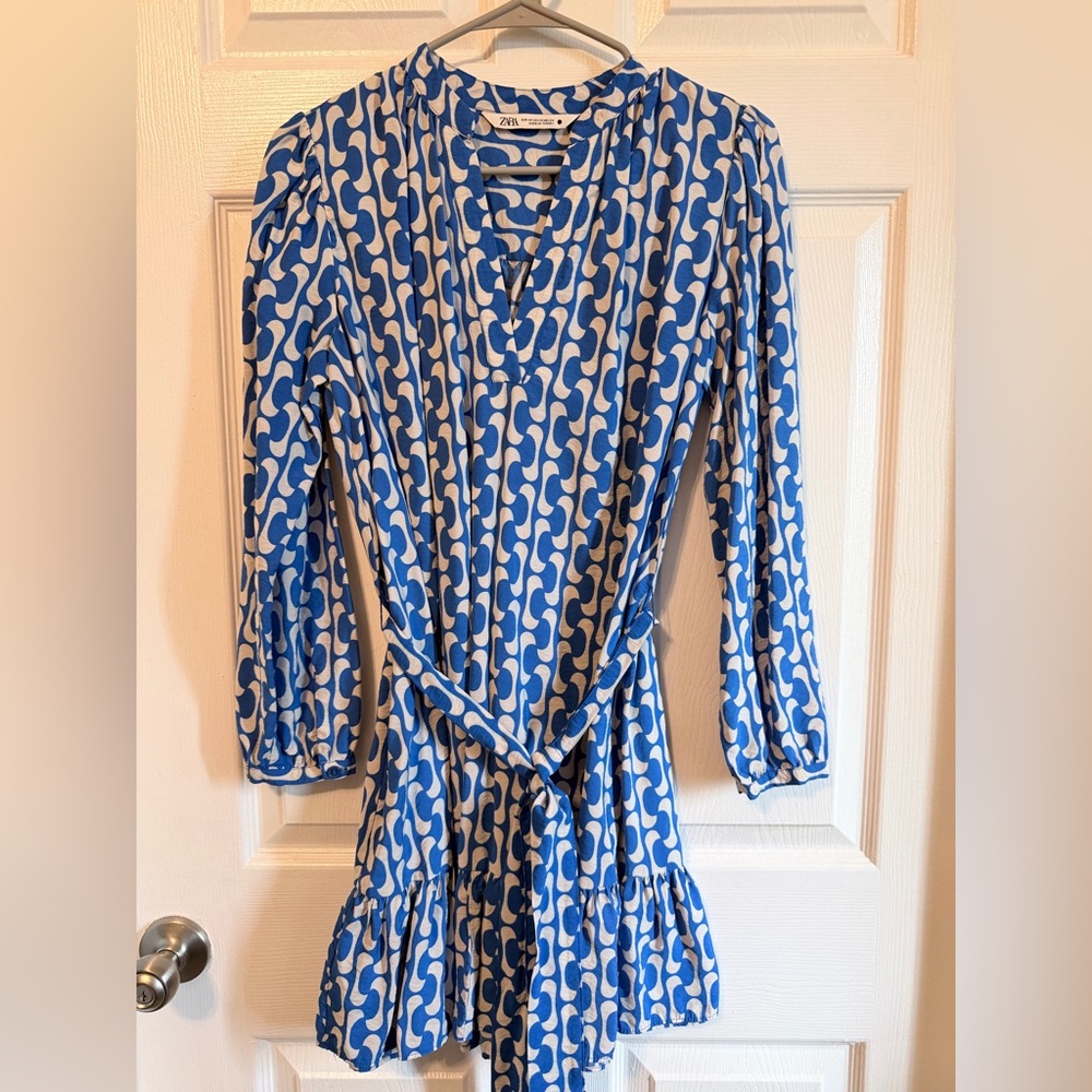 Zara Blue & White Geometric Wrap Dress